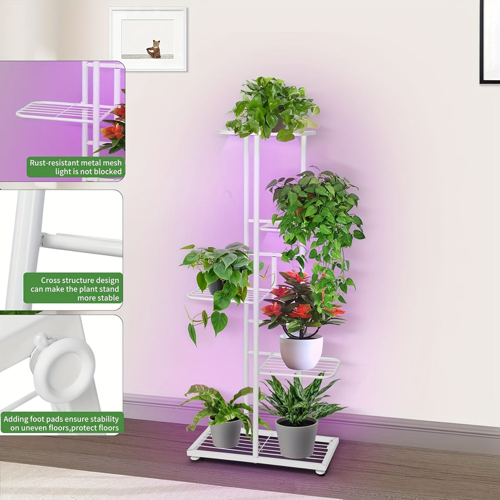 Indoor Plant Stand with Grow Light, 5-Tier 6-Pot Metal Multi-Function Flower Pot Shelf, Display Rack for Courtyard Balcony Living Room Corner Garden