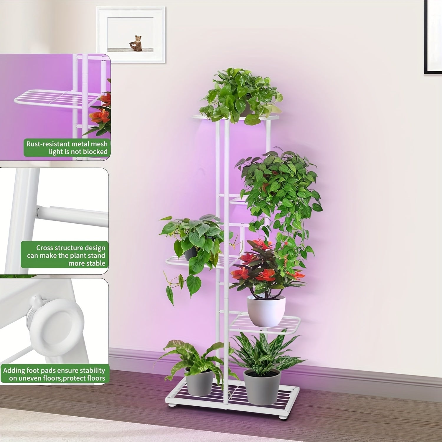 Indoor Plant Stand with Grow Light, 5-Tier 6-Pot Metal Multi-Function Flower Pot Shelf, Display Rack for Courtyard Balcony Living Room Corner Garden