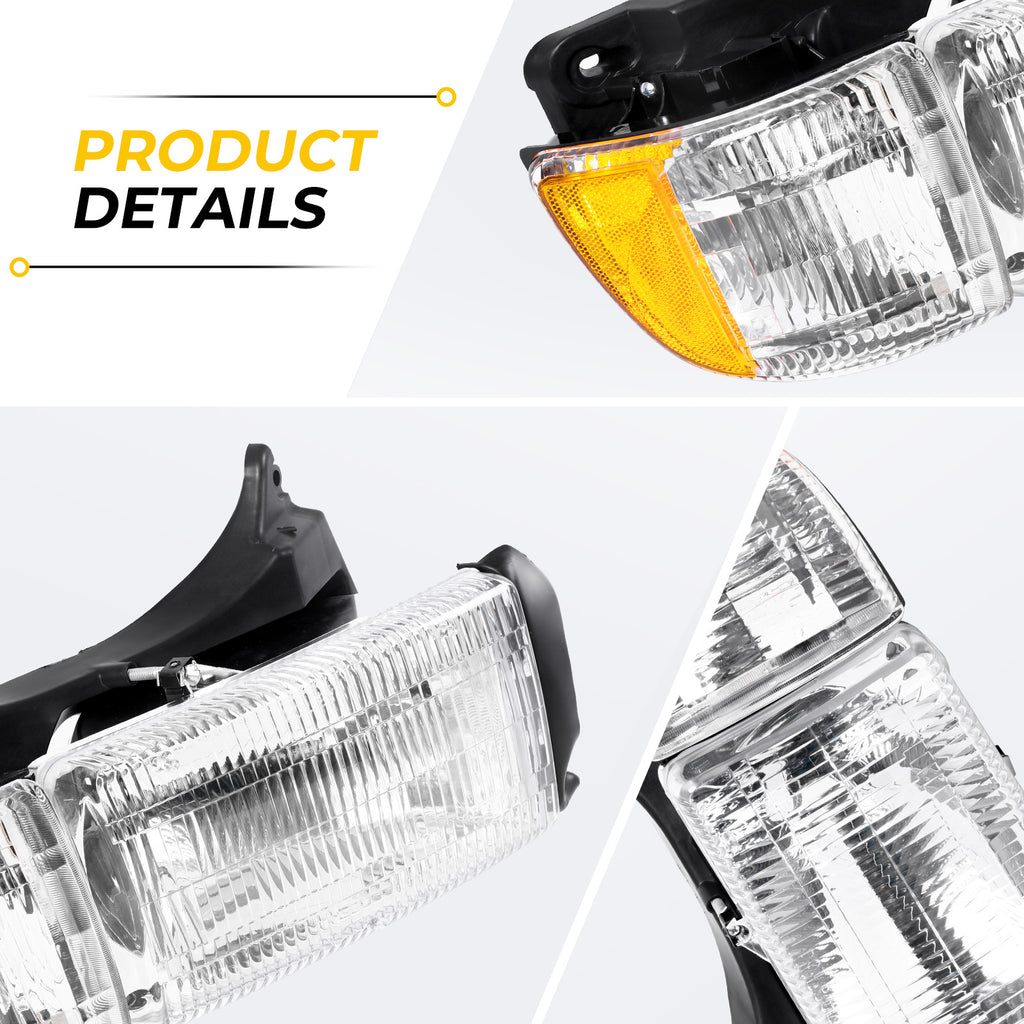 Headlight Assembly for Dodge RAM 1500/2500/3500 (1994-2002) - Direct Replacement Headlight with Clear Lens (Bulbs Not Included), Compatible with Part Numbers 55076749AD/AO, 55076748AD/AO, for Pickup Trucks