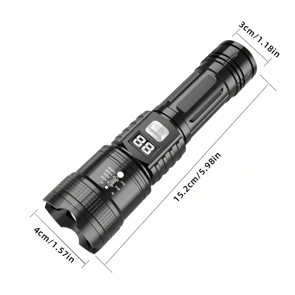 LED Flashlight, Telescopic Zoomable, Focus and Flood Dual Use, 3 Modes High Low Strobe Dimmable, Digital Power Display Real-Time Battery Level, USB Rechargeable Long Endurance, High Brightness Long Range
