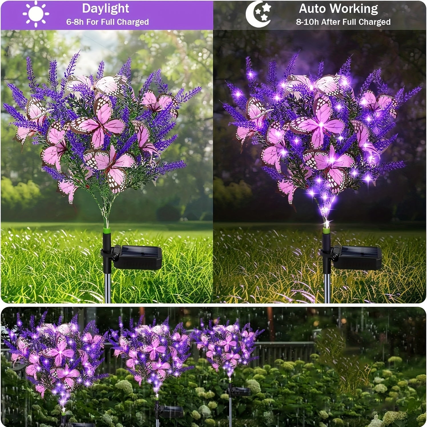 6pcs太阳能7头薰衣草蝴蝶花灯LED户外景观防真花灯太阳能花园灯户外装饰庭院花园、小径、后院、草坪插地灯送给妈妈节日礼物