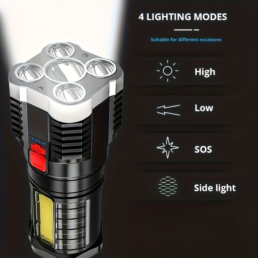 1-Pack High-Brightness Handheld Rechargeable Flashlight, Rechargeable Camping Flashlight, IP44 Outdoor Light with COB Side Light, 4 Lighting Modes, Ideal for Camping, Hiking, Outdoor Activities & Home Emergency Use
