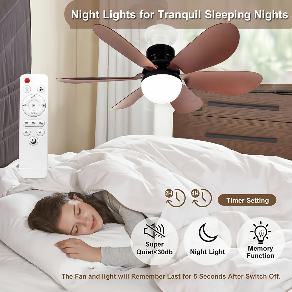 Smart Brown Ceiling Fan Light with Remote, Dimmable LED 3-Color Lighting, 3 Wind Speeds, 6-Blade Fan Light, E27/E26 Base Hardwired, Ideal for Kids' Room, Bedroom, Kitchen, Study, Brown Flush Mount Fan Light.