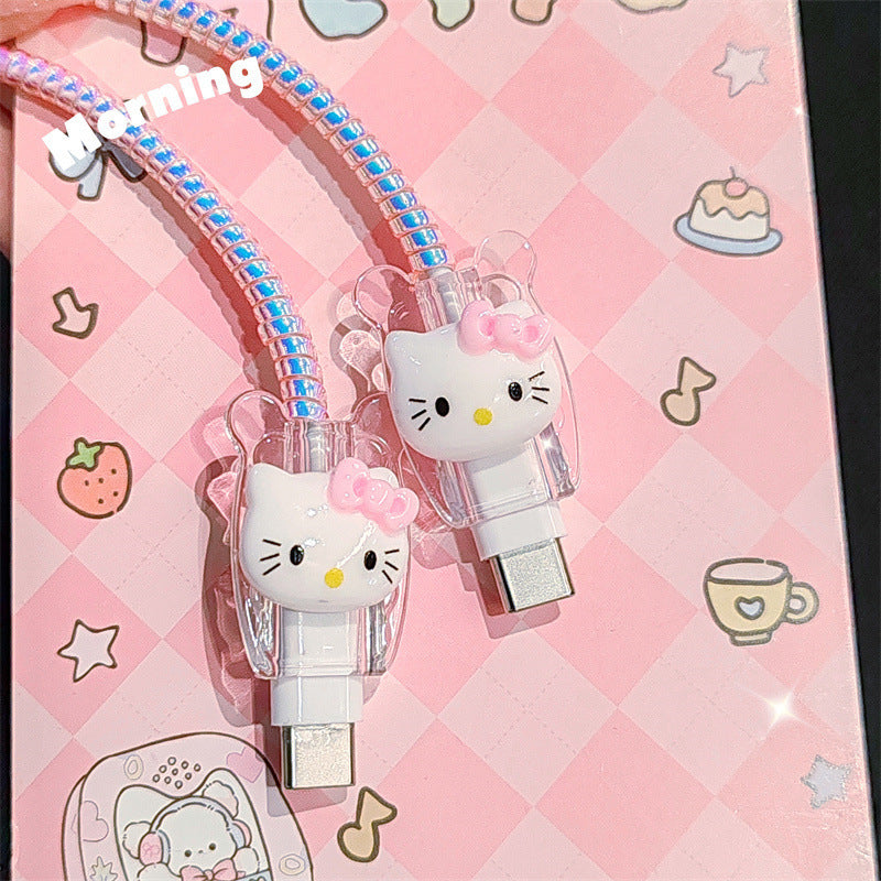 Sanrio Collaboration Hello Kitty Glitter Charging Case Set, Includes a 20W USB-C Fast Charger for Apple, Anti-Bend Protective Case, Suitable for Car/Home/Travel, Tangle-Free And Non-Slip Transparent Silicone Cable Organizer, Adorned with a Cute Bow