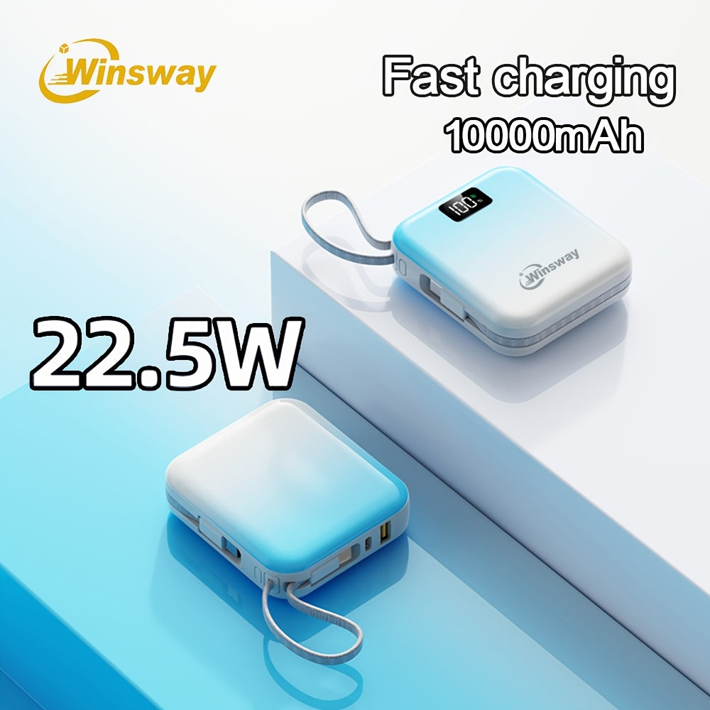 Winsway 2.9英寸迷你充電寶，10000mAh大容量，小巧便攜，內建USB-C雙線輸出，22.5W快充，LED顯示屏，內建掛繩設計，相容多種電子裝置，適合作為高顏值充電寶贈予朋友，聖誕禮物優選