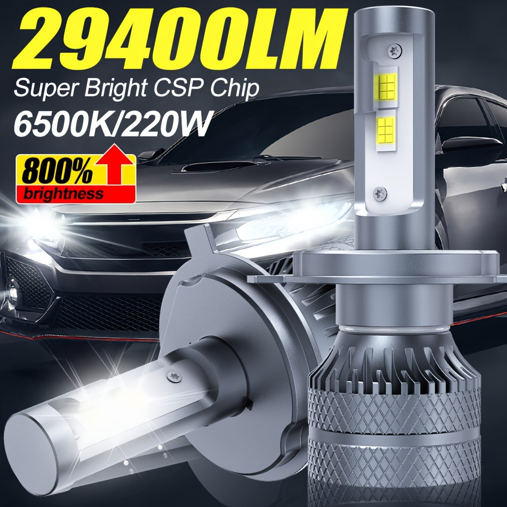 2-Pack Car LED Headlight Bulbs, Providing 29,400 Lumens, 220 Watts, and 6500K Cool White Color Temperature. Compatible with H1, H4, H7, H18, H8, H9, H11, H16, 9005, 9006 and 9012 Sockets, No Battery Included