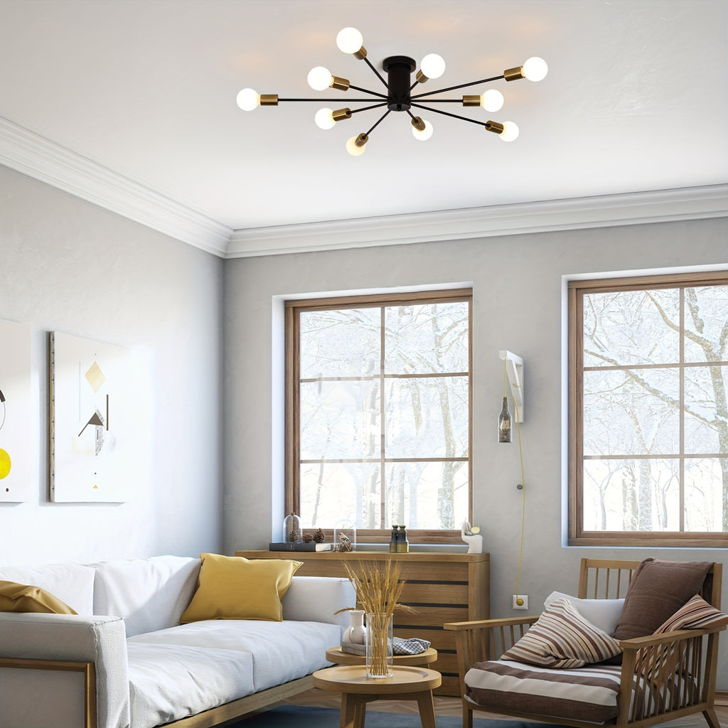 Enkel 10-Head Modern Industrial Style Satellite Pendant Light - Black Gold Semi-Flush Mount Ceiling Light, 38-Inch Wide Hardwired Pendant Light with Dimmable Function (Compatible with E26/E27 Sockets), Suitable for Living Room, Kitchen, Bedroom
