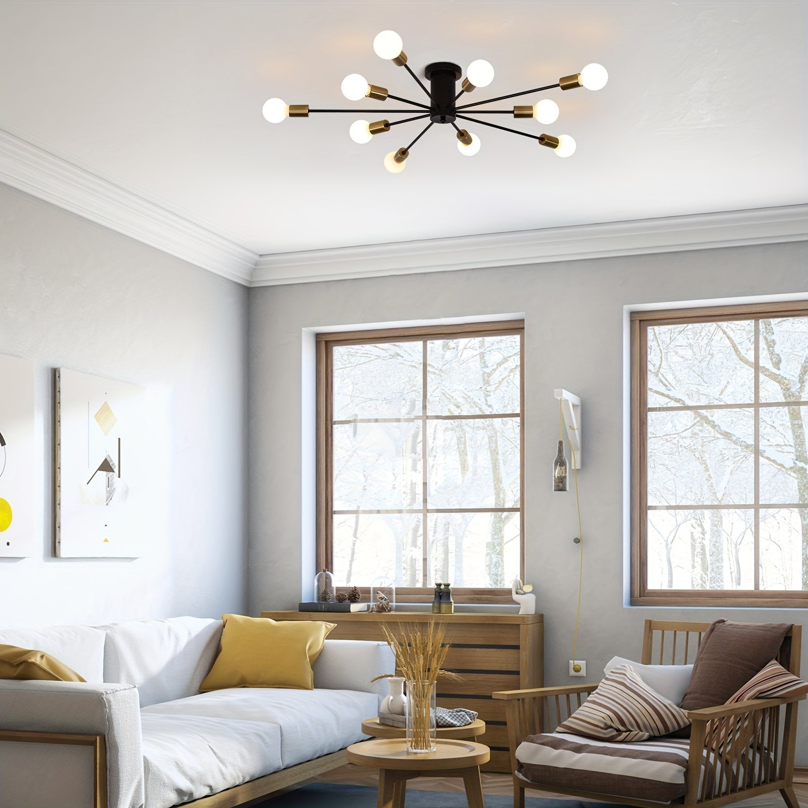 Enkel 10-Head Modern Industrial Style Satellite Pendant Light - Black Gold Semi-Flush Mount Ceiling Light, 38-Inch Wide Hardwired Pendant Light with Dimmable Function (Compatible with E26/E27 Sockets), Suitable for Living Room, Kitchen, Bedroom