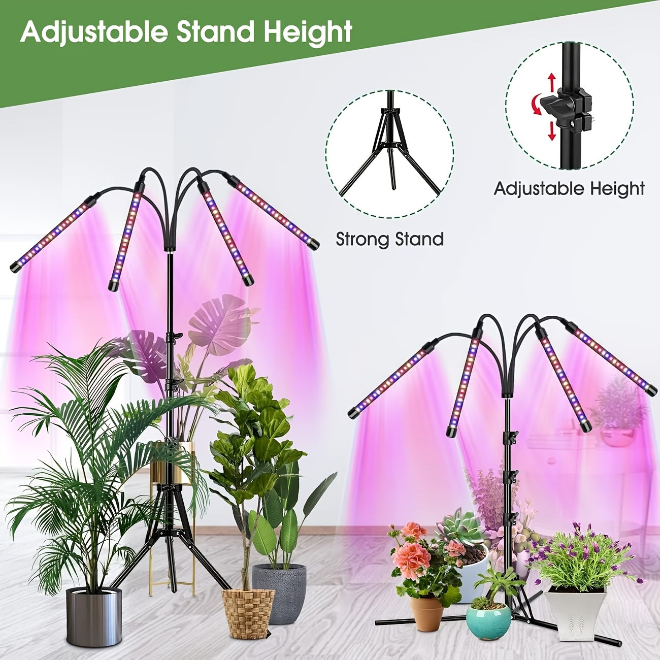 3-Head Foldable Strip Plant Grow Light, Adjustable Height & Irradiation Angle, Foldable Bracket with Timing Function, Ideal for Indoor Succulent Seedling Growth and Supplemental Lighting