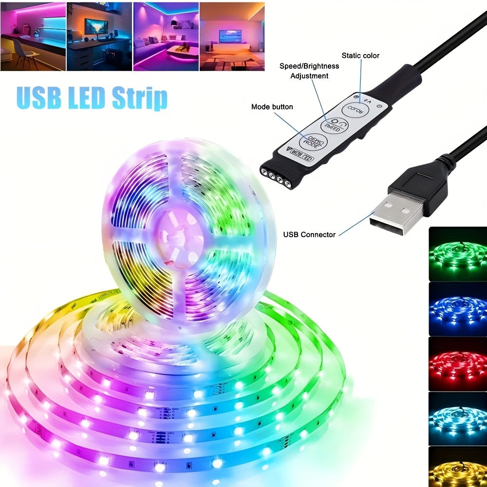 RGB LED灯带，USB 5V供电，3键控制器，可变色可调光，适用于派对氛围、电视背光、卧室、客厅、家居装饰、环境照明、DIY小夜灯、USB小工具、仙女灯、情绪灯、游戏桌搭配灯