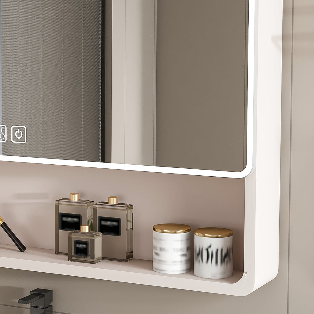 Stone 35"x28" Aluminum Bathroom Mirror Cabinet with Smart LED Lighting & Anti-Fog - Wall Mount Vanity Mirror with Cosmetics Shelf & Hair Dryer Holder, Khaki