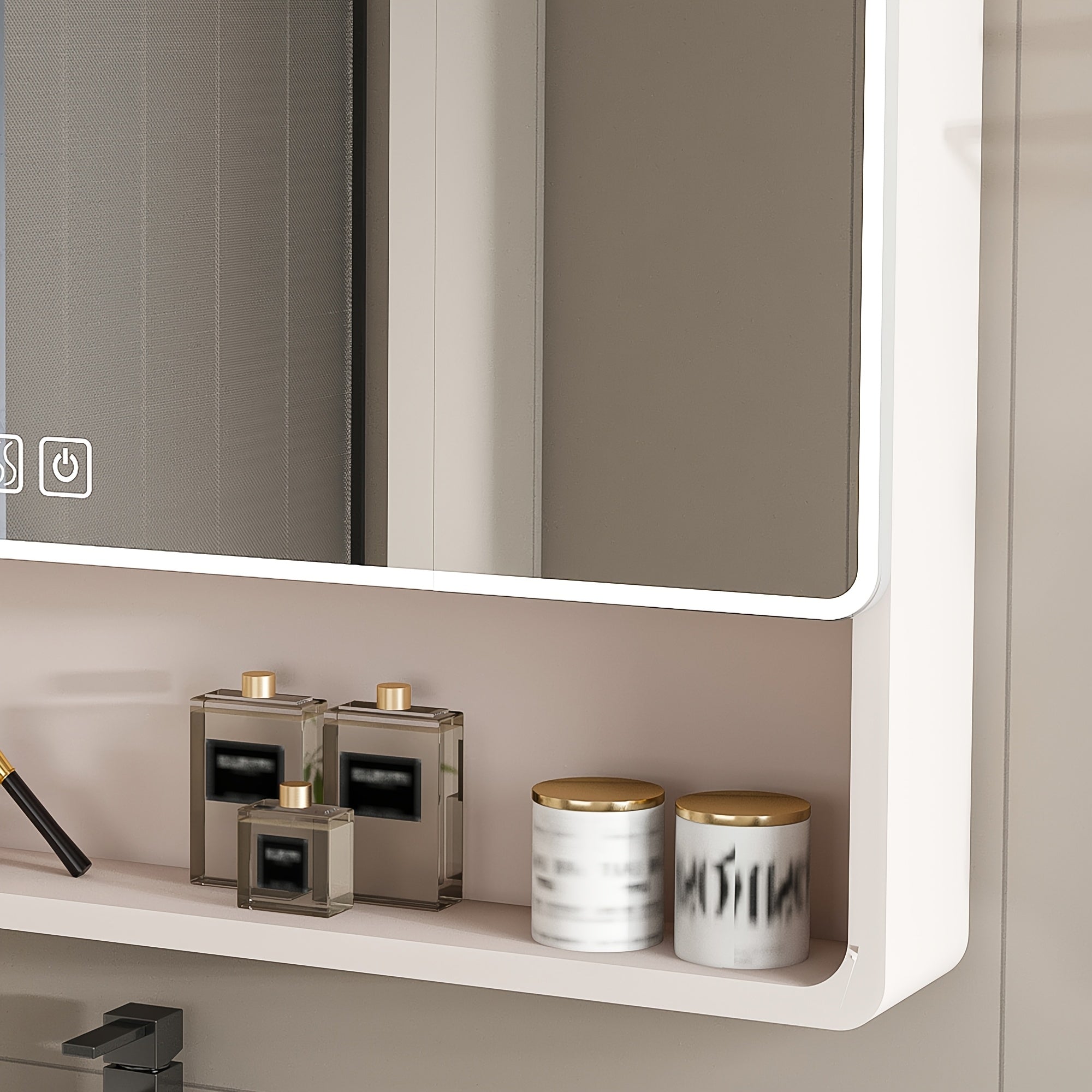 Stone 35"x28" Aluminum Bathroom Mirror Cabinet with Smart LED Lighting & Anti-Fog - Wall Mount Vanity Mirror with Cosmetics Shelf & Hair Dryer Holder, Khaki