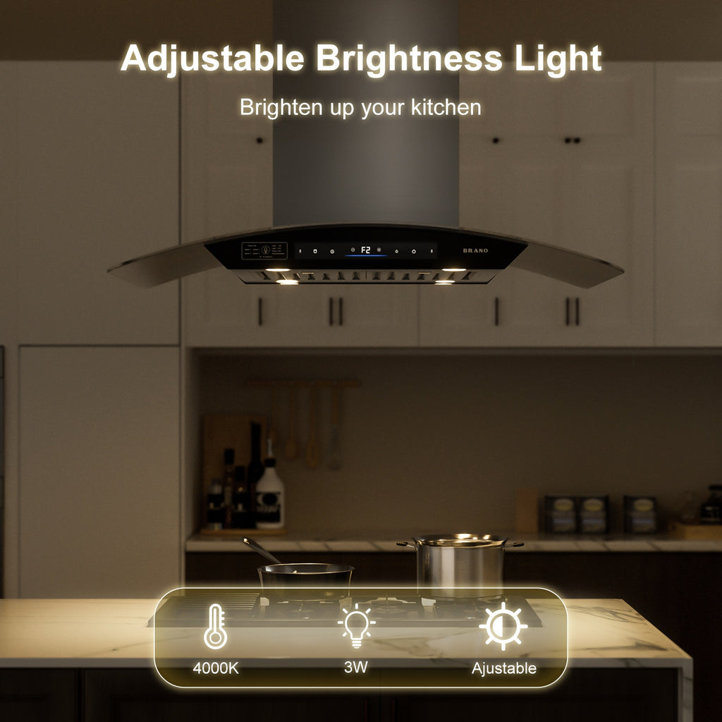 36-Inch Island Range Hood, 900CFM Voice/Gesture/Touch Control Ceiling Exhaust Hood, 4-Speed Fan, 4 LED Lights, Memory Mode, Convertible Ducted/Ductless with 2 Charcoal Filters