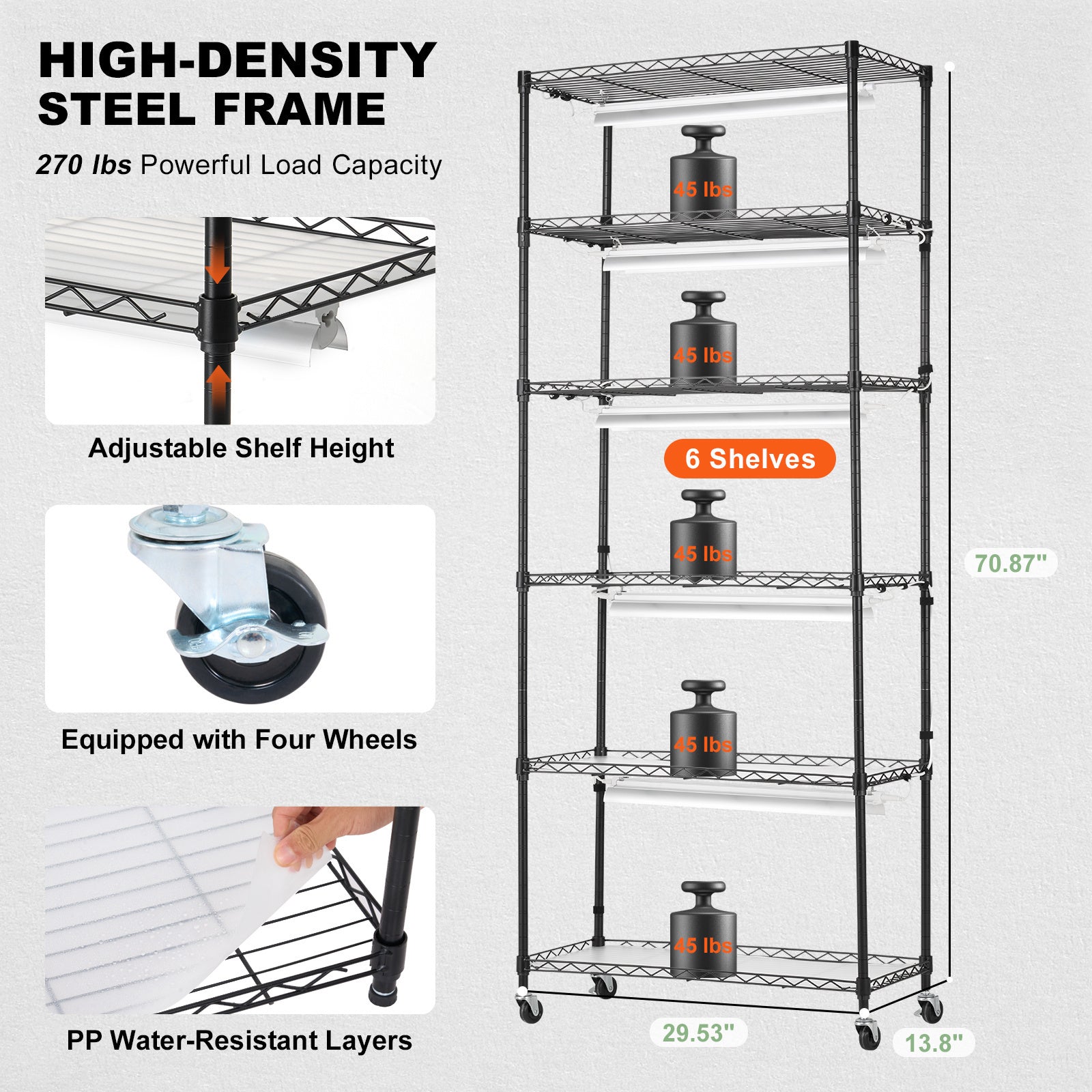 VEVOR DIY Plant Stand with Grow Light, 6-Tier, 192W, 70.9" H, Full Spectrum LED Plant Growing Shelf