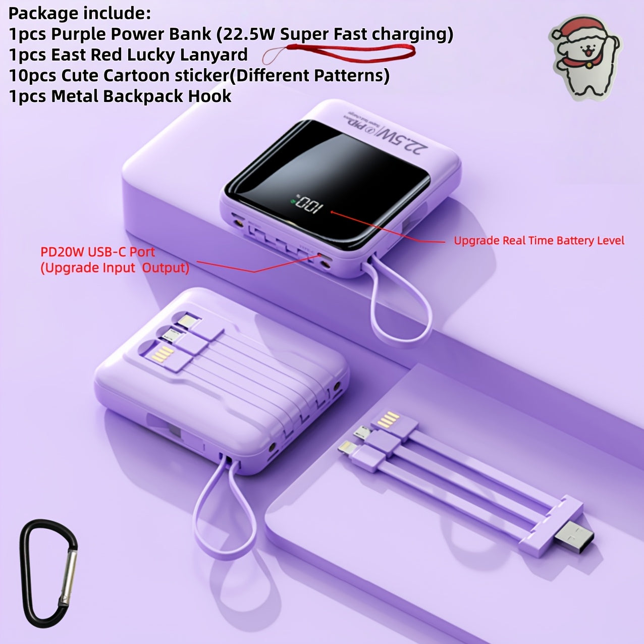 「10000mAh 大容量小尺寸，超大功率！這款迷你行動電源內建四合一多功能充電線，支援 5W/15W/22.5W 超級快充，非常適合旅行商務時使用，隨時保持您的裝置電量充足。」