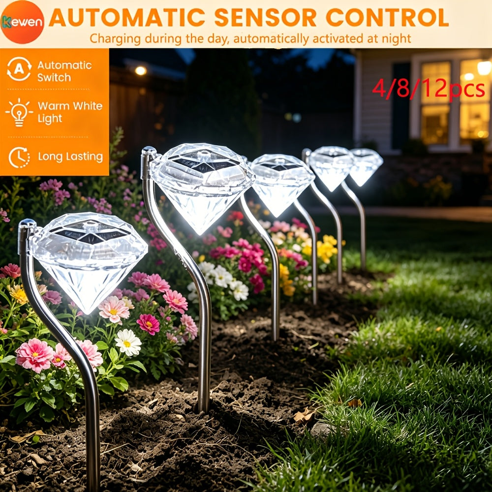 Cowin 4/8/12-Head Solar Courtyard Light with Auto Sensor, Diamond-Shaped White LED Solar Landscape Post Light, IP44 Outdoor Decorative Light, Suitable for Lawn Pathways, Courtyard Walkways