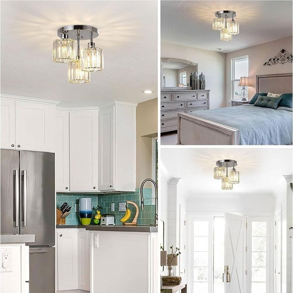 Modern Semi-Flush Mount Ceiling Light, Crystal 3-Head Kitchen Light, Hallway Pendant Light, Indoor Flush Mount Light, Suitable for Bedroom, Foyer, Entryway, Kitchen