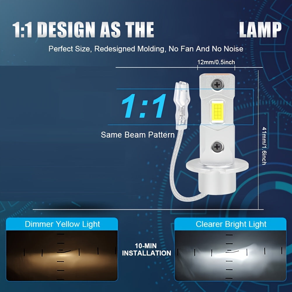 H3 LED Bulbs, 1:1 Mini Size 16000LM 60W 6500K H3 LED Fog Light Bulbs, Daytime Running Light, High/Low Beam, Plug-and-Play, No Adapter Needed, Non-Polarity, 2-Pack