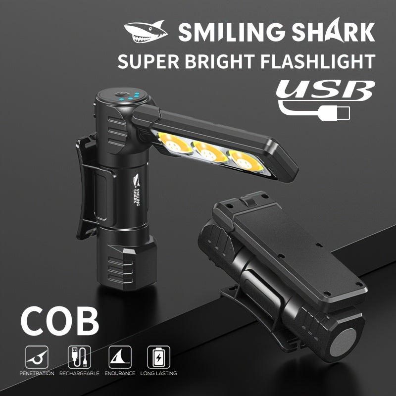1 Smile Shark COB Ultra-Bright Work Light, Rechargeable LED Work Light, Portable Magnetic Work Light Flashlight, 180° Rotating with 3 Modes, Small Strong Magnetic Flashlight, Ideal for Under Hood, Car Repair, Inspection & Outdoor Use, Mini COB Work Light