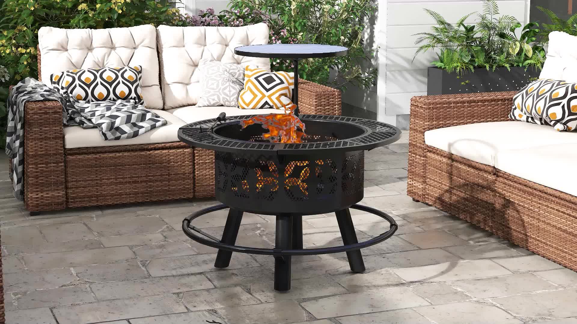 2-in-1 Fire Pit & Charcoal BBQ Grill, 33-Inch Portable Wood Burning Fire Pit with Adjustable Cooking Grate, Pan & Poker, Camping Bonfire Stove, Black