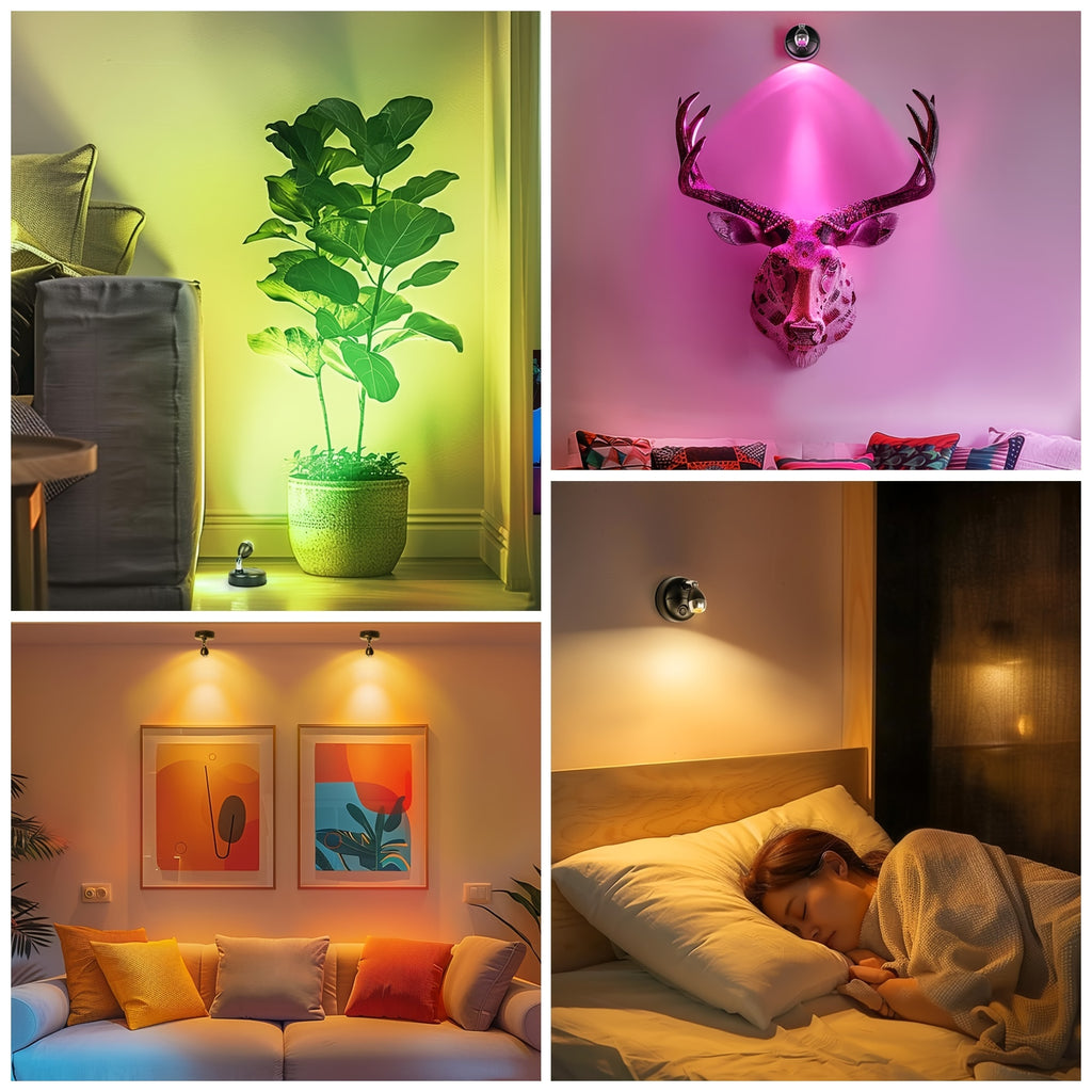 A set of 4 wireless RGBW indoor decorative spotlights, uplighting, 13-color changing tree lights, photo lighting with remote control and timer, illumination for plants and holiday celebrations