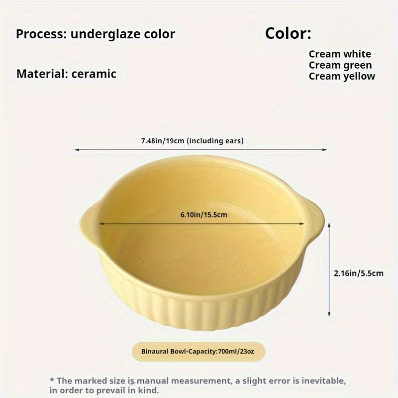 1 Ceramic Bowl with Ear Handles, Large Capacity Ceramic Plate, Soup Bowl, Salad Bowl, Noodle Bowl, Oven & Microwave Safe, Dinnerware, Kitchen Supplies for Salad, Fruit, Pasta, Kitchenware, Tableware Accessories