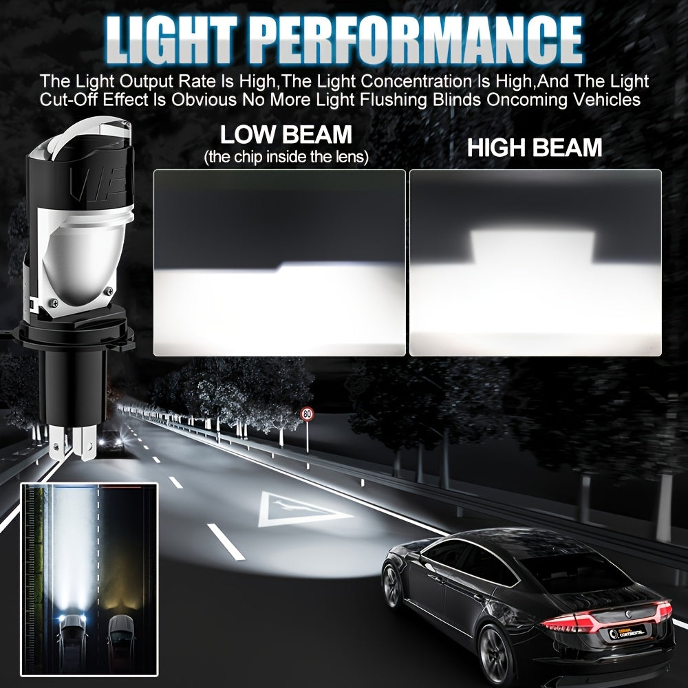 2-Pack H4 Dual Color Temperature LED Projector Lens Car Headlight Bulbs, Compatible with H4/9003/HB2 Sockets, 360° Beam Angle, Long-Life LED Chips, Black Heat Dissipation Housing Plug-and-Play