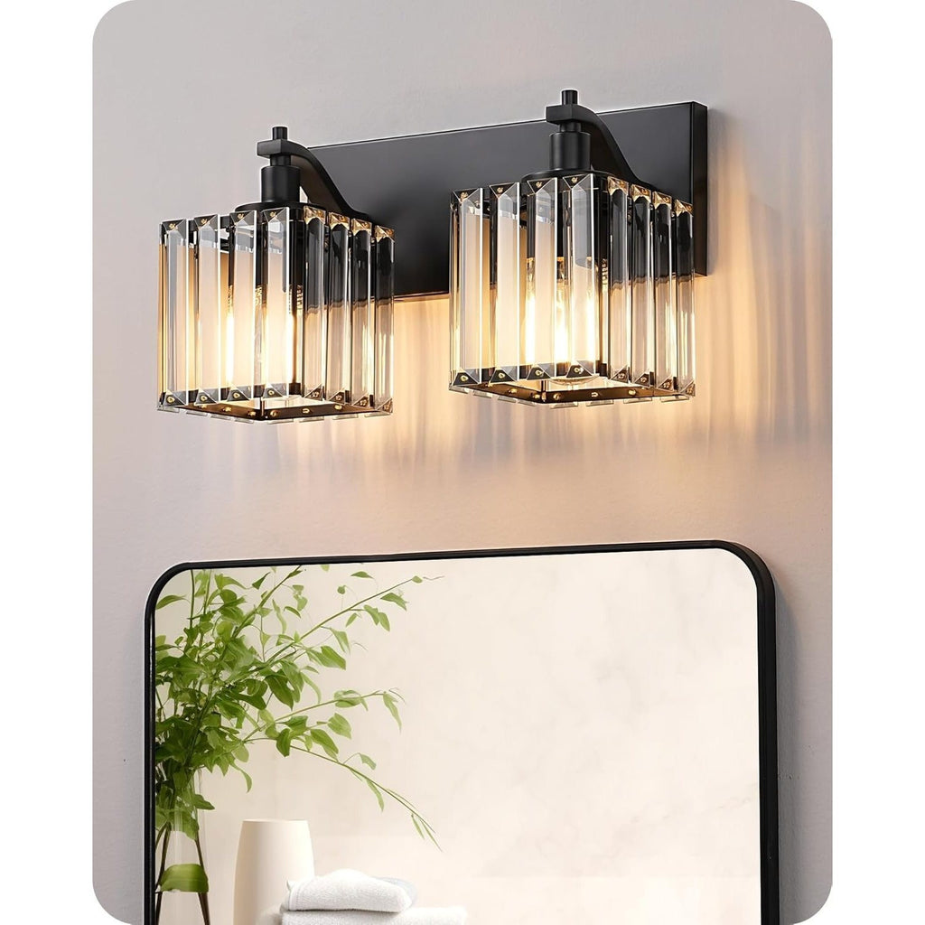 EDISHINE Double-Head Crystal Bathroom Vanity Light, Black Wall Mount Mirror Light, Modern E26 Screw Base Indoor Lighting Fixture, Suitable for Bathroom, Makeup Room, Bedroom