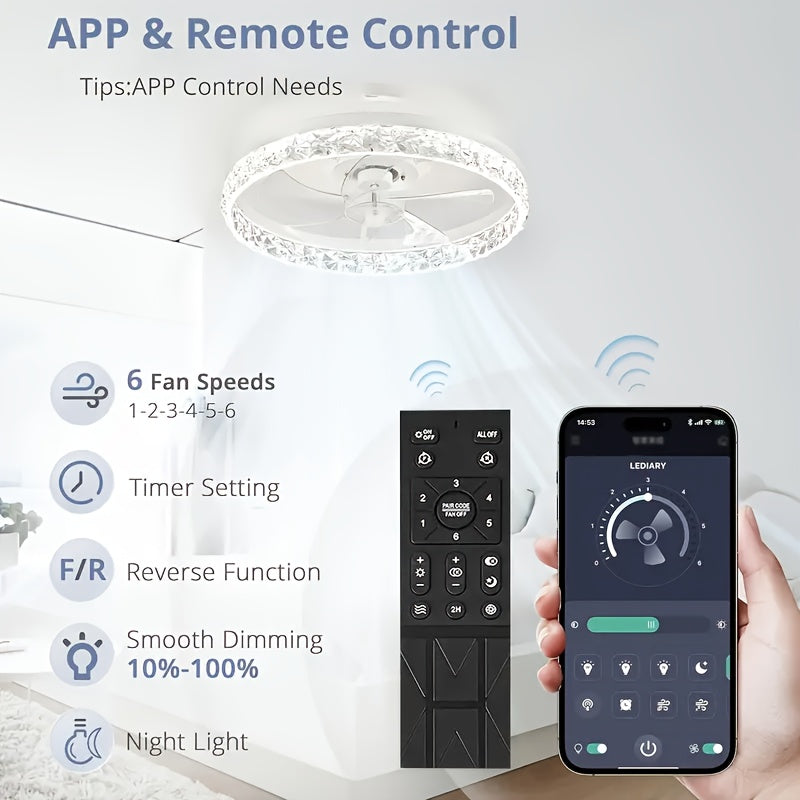20 Inch Low Profile Flush Mount Ceiling Fan with Light and Remote Control, 6 Speed Levels, 3 Color Temperatures 3000K-6500K, Dimmable LED Ceiling Fan, Ideal for Bedroom, Kids Room and Living Room