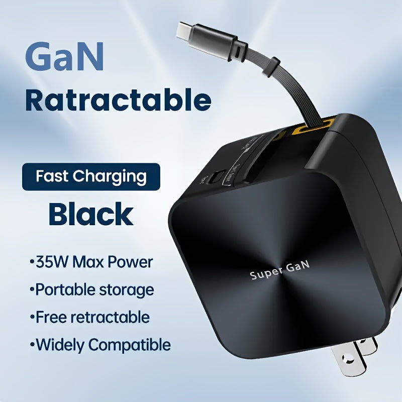 1pc 35W USB-C Fast Charging Wall Charger, With 31.5inch Retractable Cable, Compatible With IPhone 15/15 Pro/15 Pro Max, IPad, AirPods, Pixel& More, Charge Two Devices At The Same Time