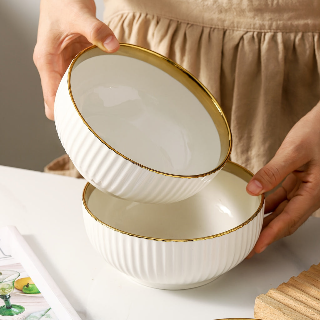 2-Piece Ceramic Bowl Set, 27oz Soup Bowl, 6-Inch, Gold Rim Striped Edge – Perfect for Salad, Cereal, Dessert, Rice & Pasta in the Kitchen