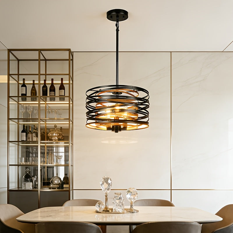 Adjustable Height Industrial Spiral Pendant Light, 3-Light Black Drum Cage Pendant Light with Sloped Ceiling Adapter, Modern Rustic Style Lighting Fixture, Suitable for Dining Room Hall, E12 Socket (Bulb Not Included)