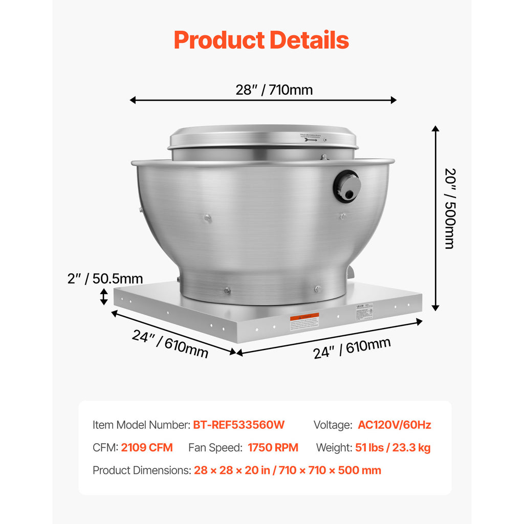 VEVOR Commercial Kitchen Exhaust Fan – 2109 CFM Restaurant Top Hood Exhaust Fan, 0.75HP 560W Direct Drive Food Truck Range Hood Exhaust Fan, High Speed Low Noise for Warehouse, Agriculture