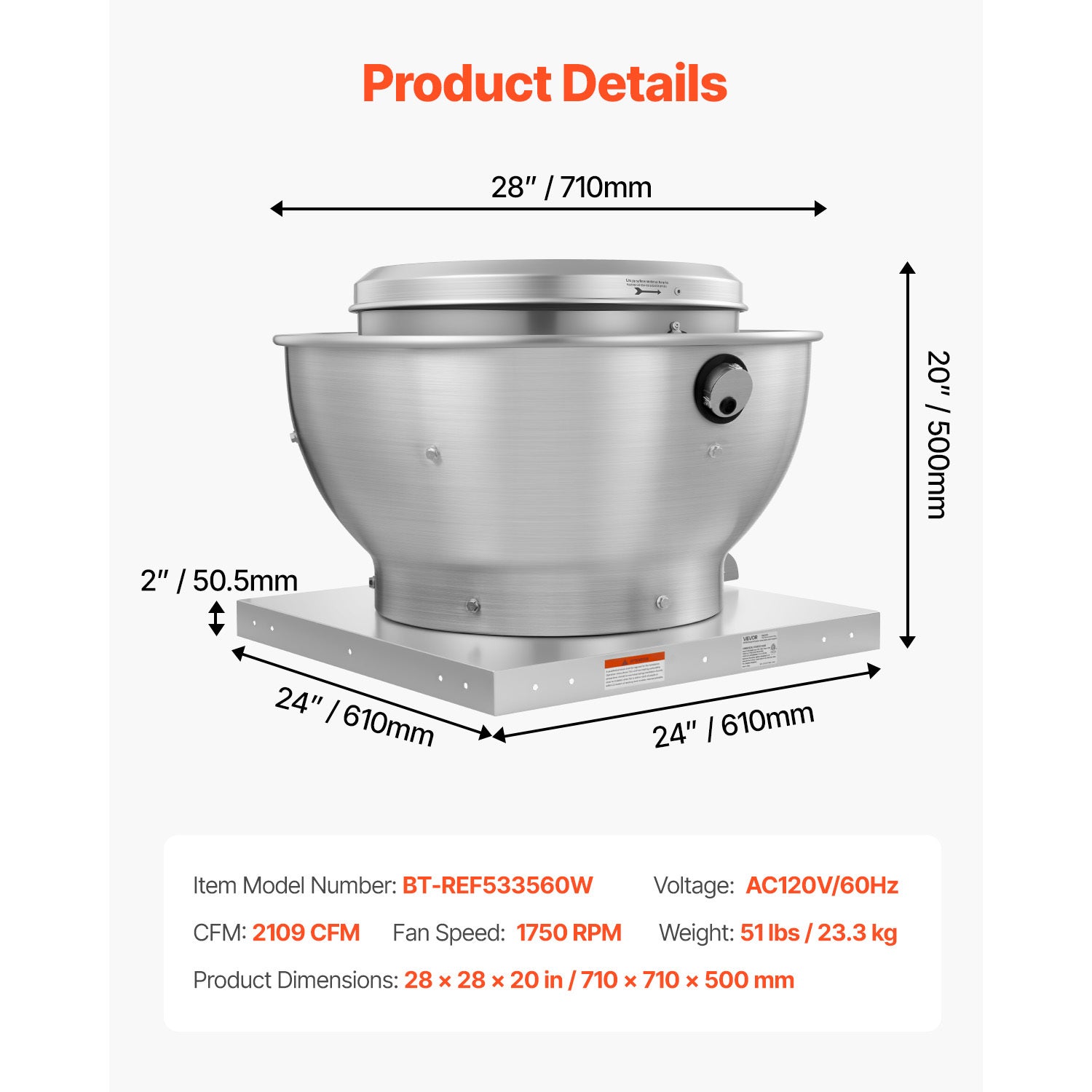 VEVOR Commercial Kitchen Exhaust Fan – 2109 CFM Restaurant Top Hood Exhaust Fan, 0.75HP 560W Direct Drive Food Truck Range Hood Exhaust Fan, High Speed Low Noise for Warehouse, Agriculture