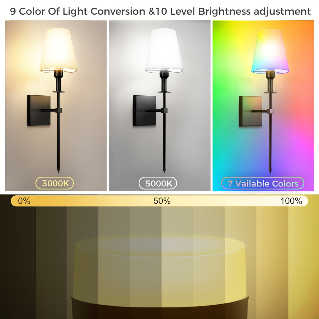Upgraded RGB remote control wall light, equipped with rechargeable battery and white fabric lampshade, suitable for home decoration scenes such as bedroom, living room, game room. Designed with E26 lamp holder