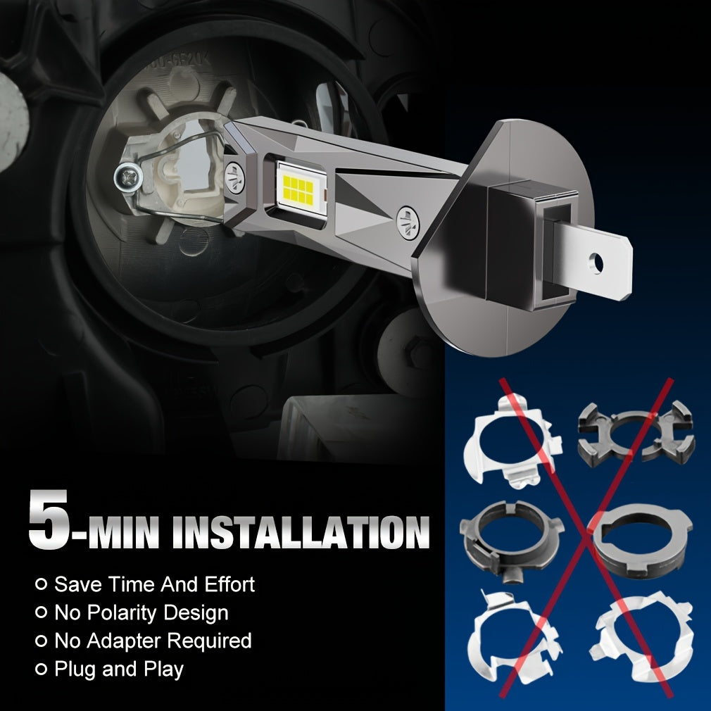 S&D 2Pcs H1 LED Headlight Bulbs Latest Mini Size Fanless No Adapter Needed 12V 6500K 20000LM Plug-and-Play 1:1 White Fog Light Super Bright Canbus