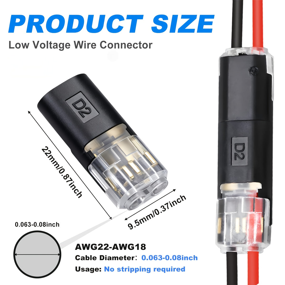15/70-Pack Wire Splice Connectors, No-Strip Quick Connect Electrical Splice Clips, 2 Pin 2 Wire, for 0.06-0.08 inch (AWG22-AWG18) Wire Size, PVC Insulated, Copper Contacts