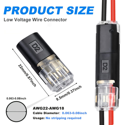 15/70-Pack Wire Splice Connectors, No-Strip Quick Connect Electrical Splice Clips, 2 Pin 2 Wire, for 0.06-0.08 inch (AWG22-AWG18) Wire Size, PVC Insulated, Copper Contacts
