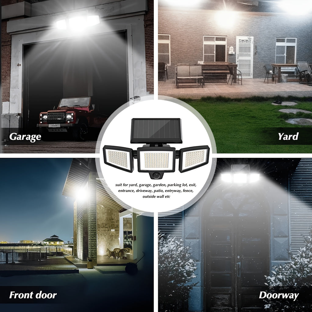 3-Head Solar Powered Triple Head Independent Wall Light - Outdoor Sensor! Yard Lighting. 3 Adjustable LED Heads Motion Activated, Dusk to Dawn Automatic ON/OFF. Emergency Lighting Mode, Energy Saving, Easy Installation