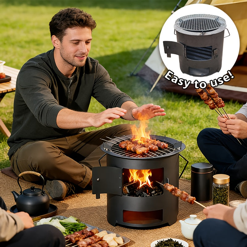 1-Piece Small Outdoor Portable Fire Pit Stove, BBQ Enclosure Fireplace, Multi-Functional Charcoal Stove, Camping Wild Cooking Wood Burning Stove, Tea Boiling, Heating, BBQ & Rice Cooking