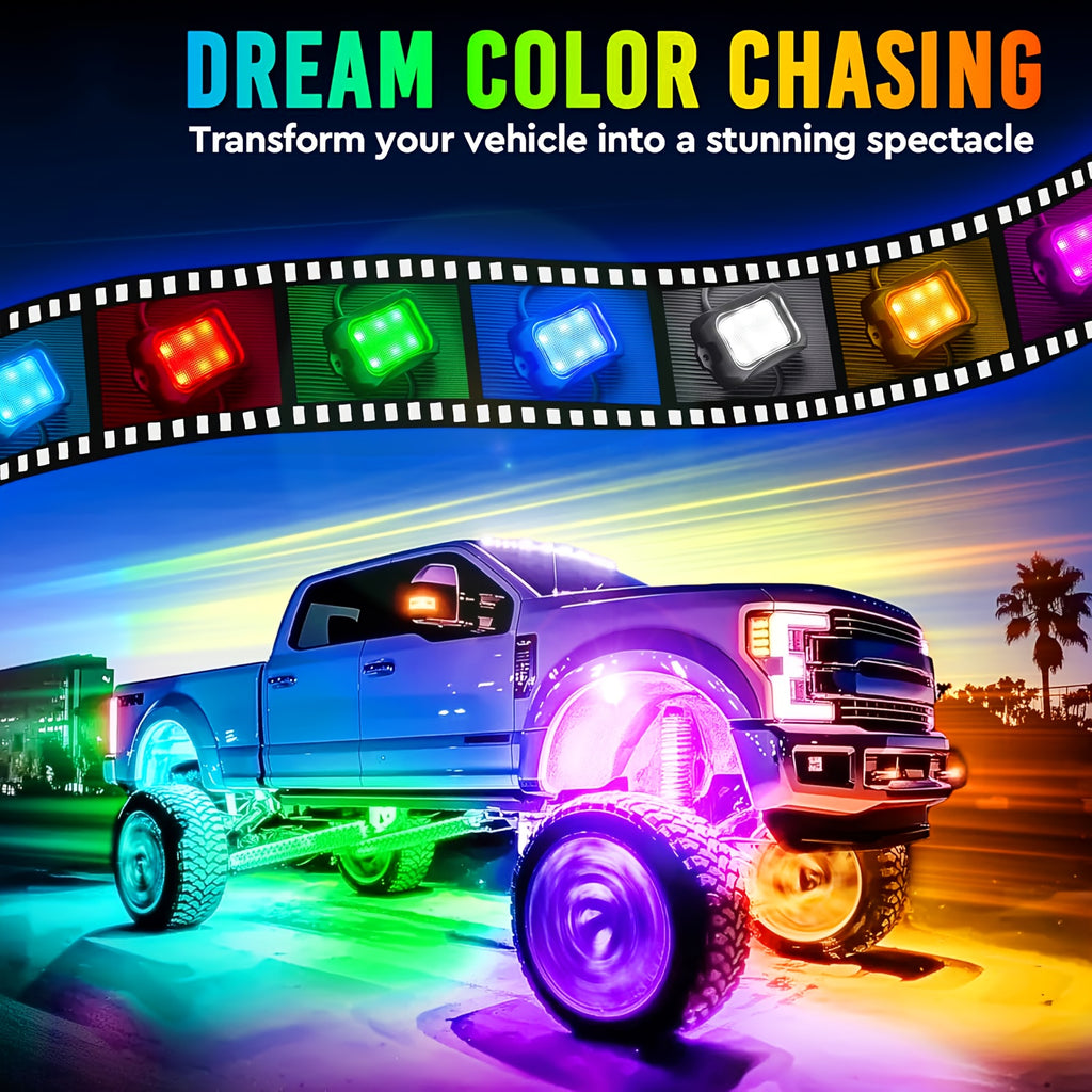 Truck Rock Lights RGB LED Rock Light Kit, Dream RGB Colorful Car Chassis Decorative Light, Multi-Color Changing Tire Light, Footwell Neon Light Kit, Perfect for Pickup Off-Road RZR SUV ATV UTV Car Ambient Light, Golf Cart Accessories