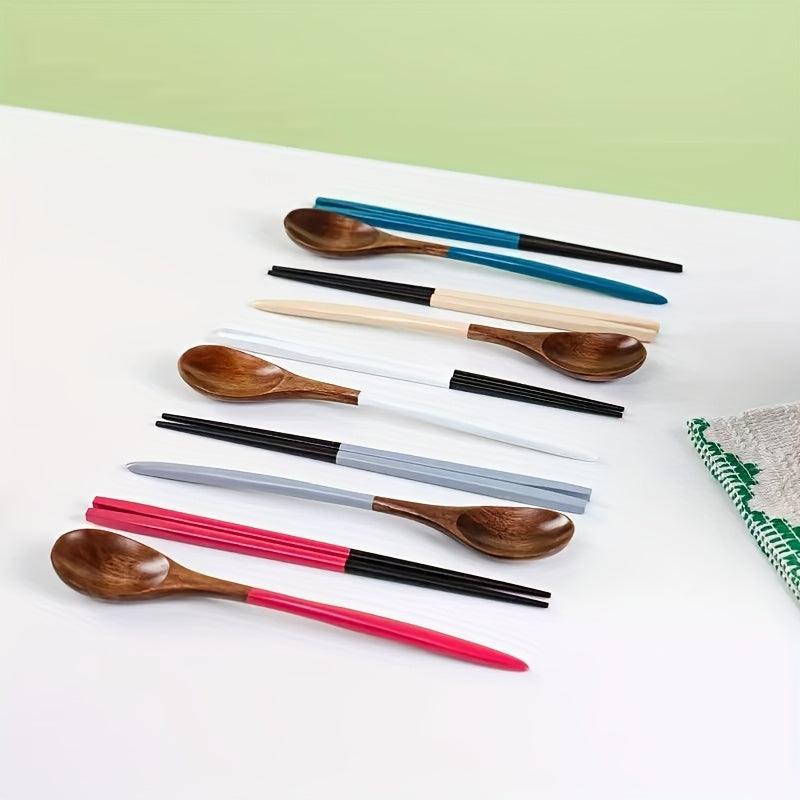 5-Piece Set Japanese Colorful Wooden Spoon & Chopstick Set – Reusable Cutlery Set – Made of Solid Wood