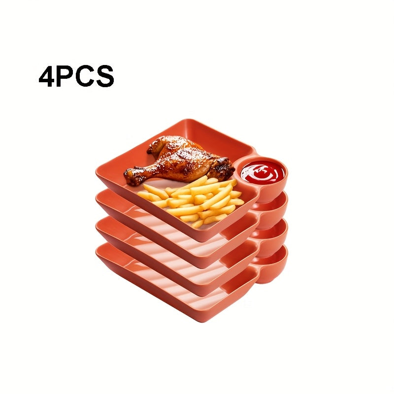 7.3x6.6 Compartment Snack Plate Set, Plastic Divided Dumpling Plate / Sushi Plate / Fry Dipping Plate with Sauce Area, Unbreakable, Microwave & Dishwasher Safe