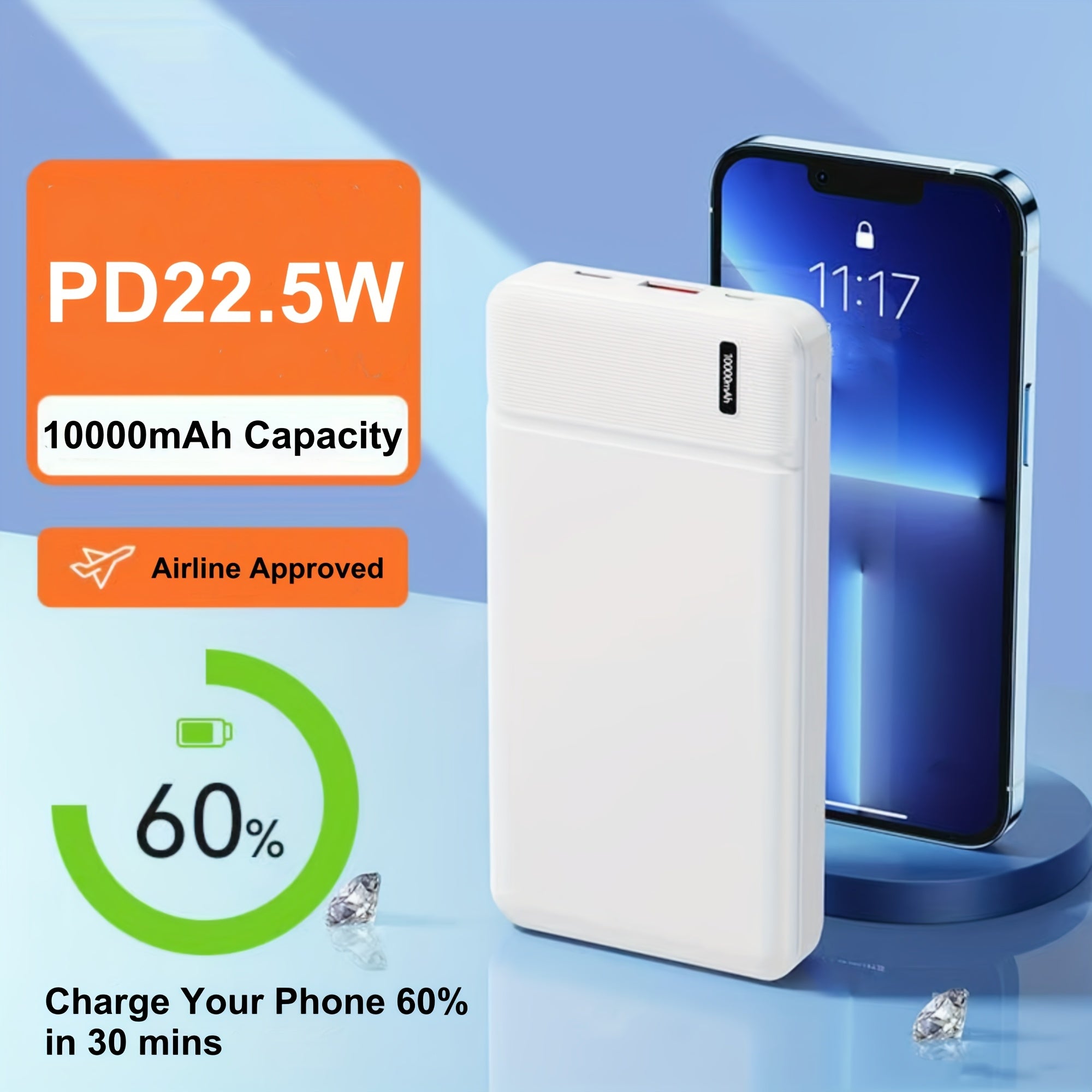 Portable Power Bank with a Capacity of 10000Mah, Featuring PD 22.5W And USB-C Input/Output, Suitable for Charging Smartphones, Smartwatches, Tablets, Heated Clothing, And More