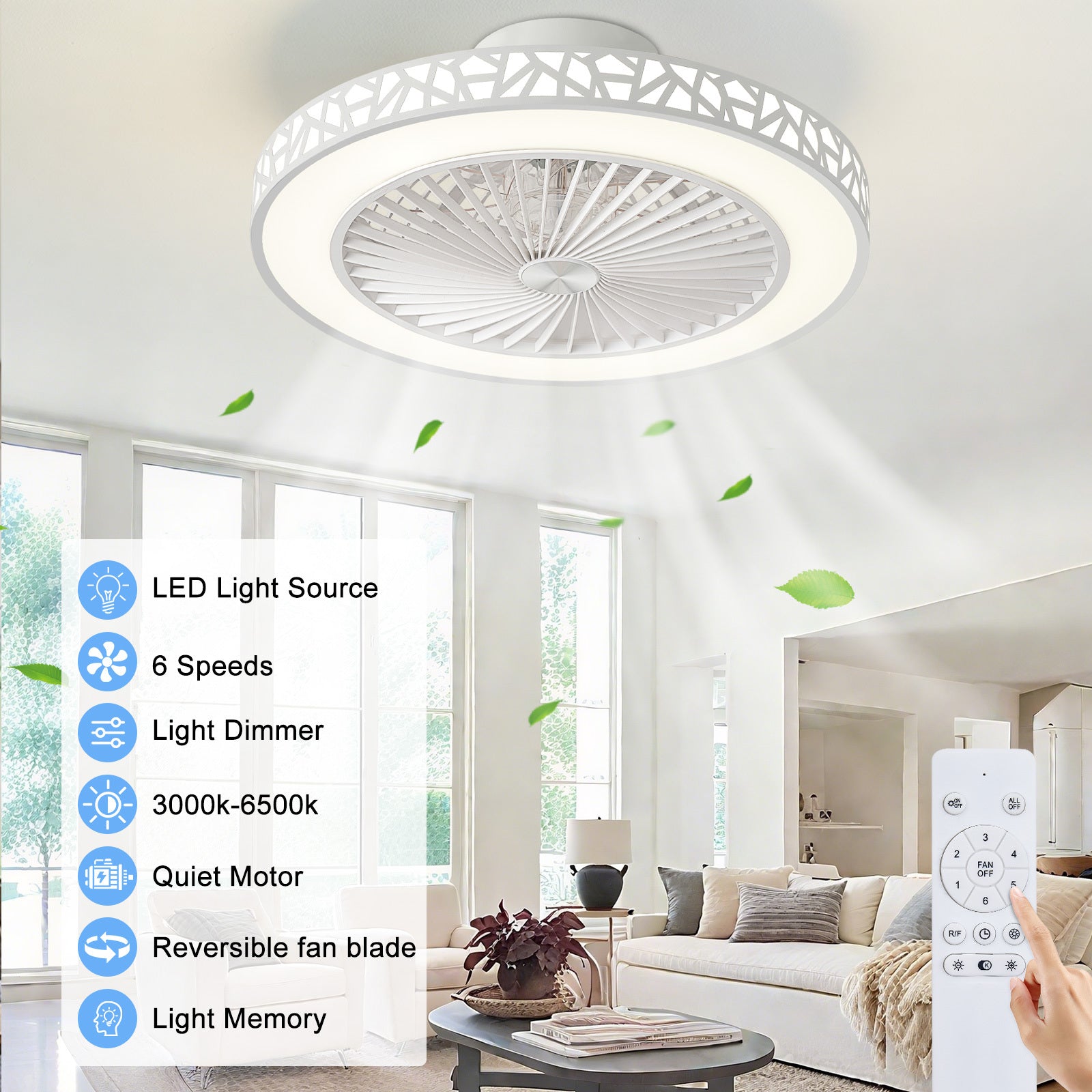 19" Low Profile Ceiling Fan with Remote, Modern Flush Mount Ceiling Fan, Dimmable LED with 3 Color Temperatures, 6-Speed Reversible Fan, for Bedroom, Living Room, Office, Indoor Use