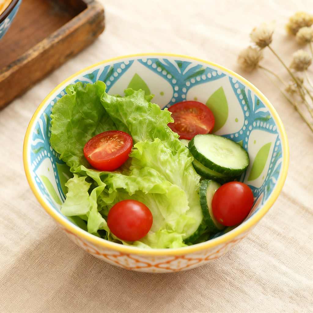 4-Piece Bohemian Style Ceramic Salad Bowls, 4.8-Inch Colorful Kitchen Bowl Set – Great Gift for Family & Friends – Can Be Used as Fruit Bowl, Salad Bowl, Cereal Bowl, Rice Bowl, etc. – Dishwasher & Microwave Safe