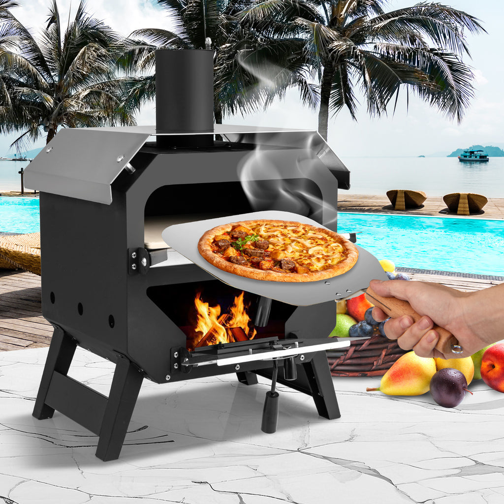 COSTWAY 12" Outdoor Pizza Oven, Portable Charcoal Pizza Stove with Pizza Stone, Pizza Peel & Oxford Cloth Cover, Multi-Fuel Pizza Maker with Stainless Steel Roof, Ideal for Patio, Backyard, Camping & BBQ