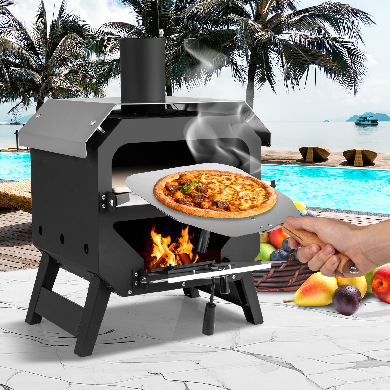COSTWAY 12" Outdoor Pizza Oven, Portable Charcoal Pizza Stove with Pizza Stone, Pizza Peel & Oxford Cloth Cover, Multi-Fuel Pizza Maker with Stainless Steel Roof, Ideal for Patio, Backyard, Camping & BBQ