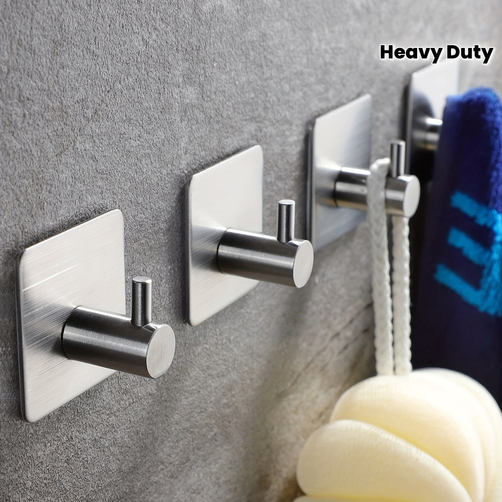 4 Pack Heavy Duty Adhesive Hooks - Towel Hooks, Stick-on Wall Hooks, Waterproof Stainless Steel for Bathroom, Kitchen & Home - Black & Silver