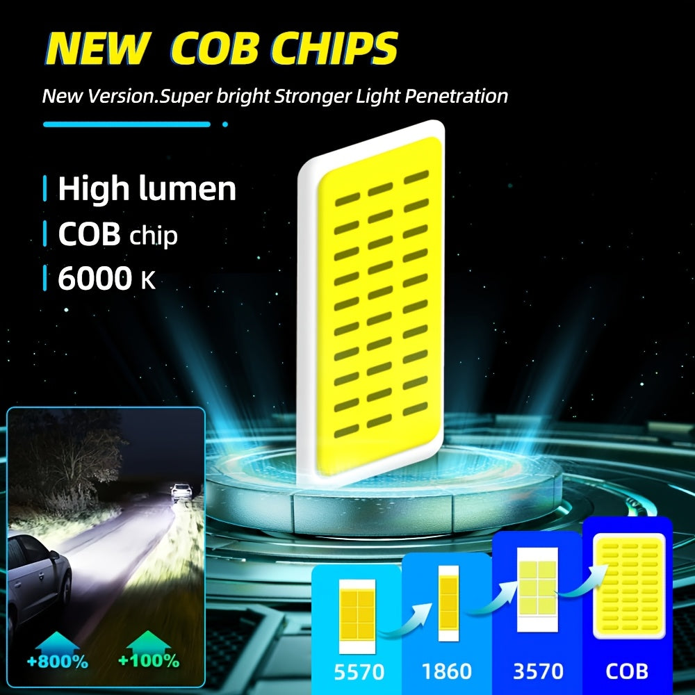 2-Pack Super Bright LED Headlight or Fog Light Bulbs, Compatible with H1, H7, H11, 9005/HB3, 9006/HB4, 9007, H13 Sockets. COB Chip Technology, 800% Brightness Increase, Easy Plug-and-Play Installation